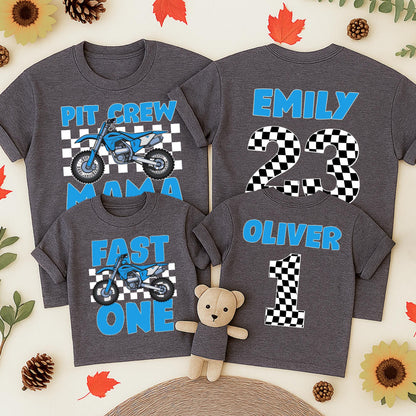 Fast One Pit Crew 1st Birthday Shirt Blue Motorcycle Race Car Party Tee for Birthday Boy or Family Matching Celebration