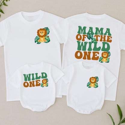 Wild One Birthday Matching Family Shirts, Safari 1st Birthday Boy, Mama Dada Lion Graphic Retro Green Tropical Leaves Cotton First Birthday Outfit Set