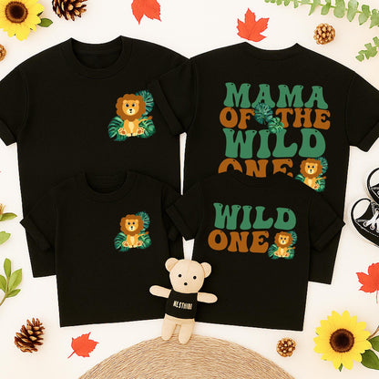 Wild One Birthday Matching Family Shirts, Safari 1st Birthday Boy, Mama Dada Lion Graphic Retro Green Tropical Leaves Cotton First Birthday Outfit Set