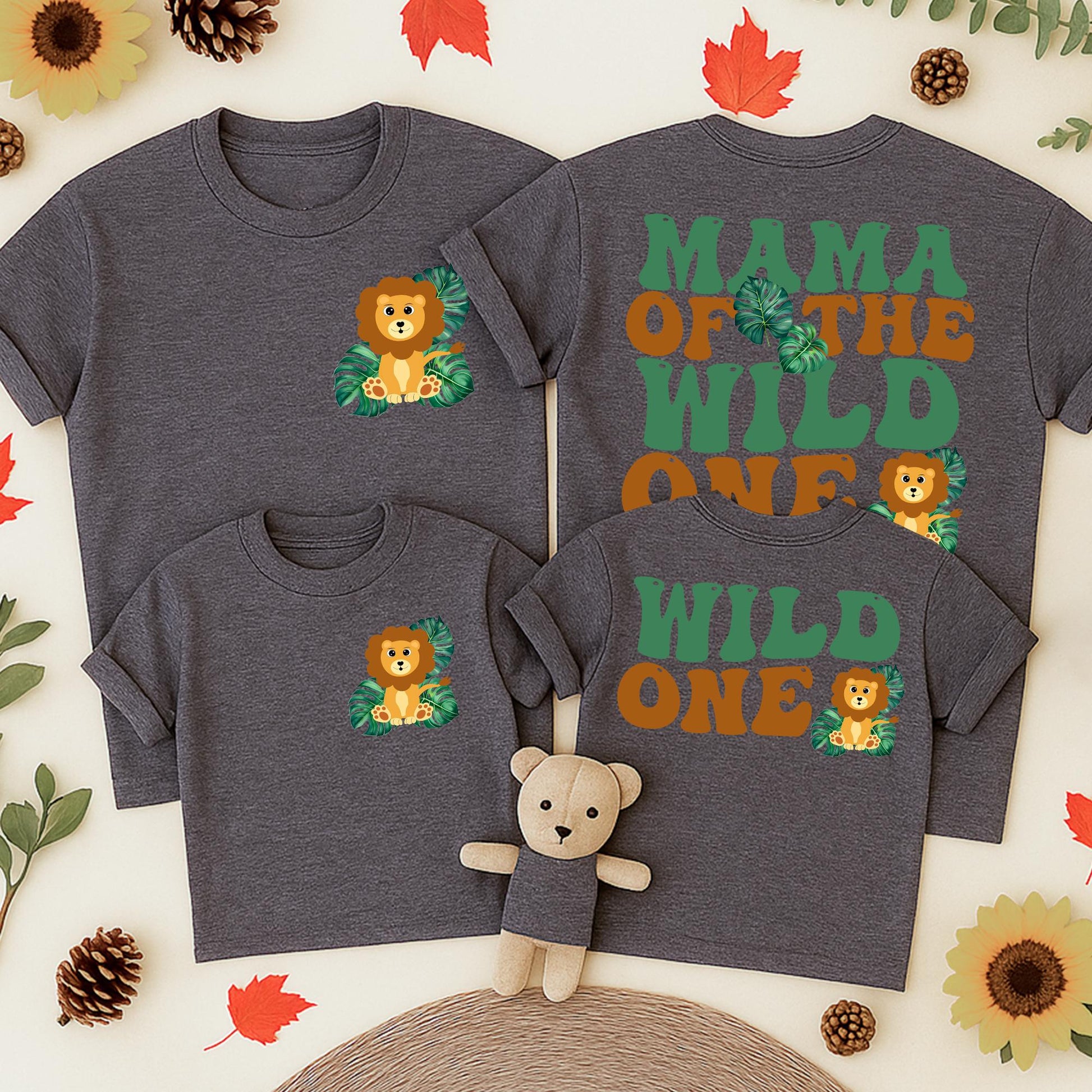 Wild One Birthday Matching Family Shirts, Safari 1st Birthday Boy, Mama Dada Lion Graphic Retro Green Tropical Leaves Cotton First Birthday Outfit Set