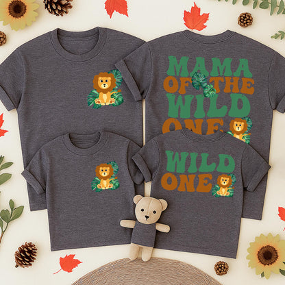 Wild One Birthday Matching Family Shirts, Safari 1st Birthday Boy, Mama Dada Lion Graphic Retro Green Tropical Leaves Cotton First Birthday Outfit Set
