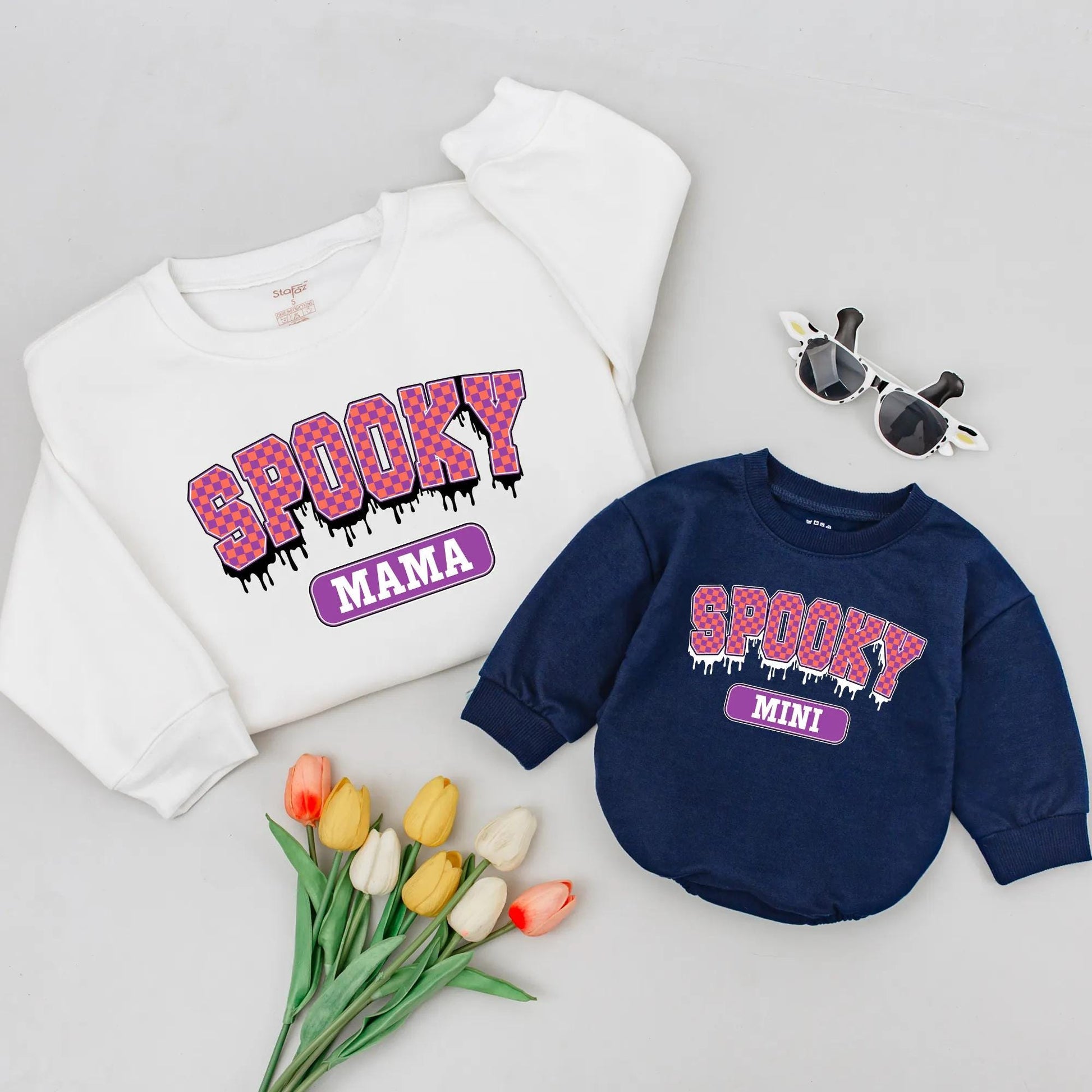 Spooky Mama Mini Matching Halloween Shirts Fun Family Outfits Checkerboard Orange Pink Dripping Design Soft Comfortable Spooky Season Tees