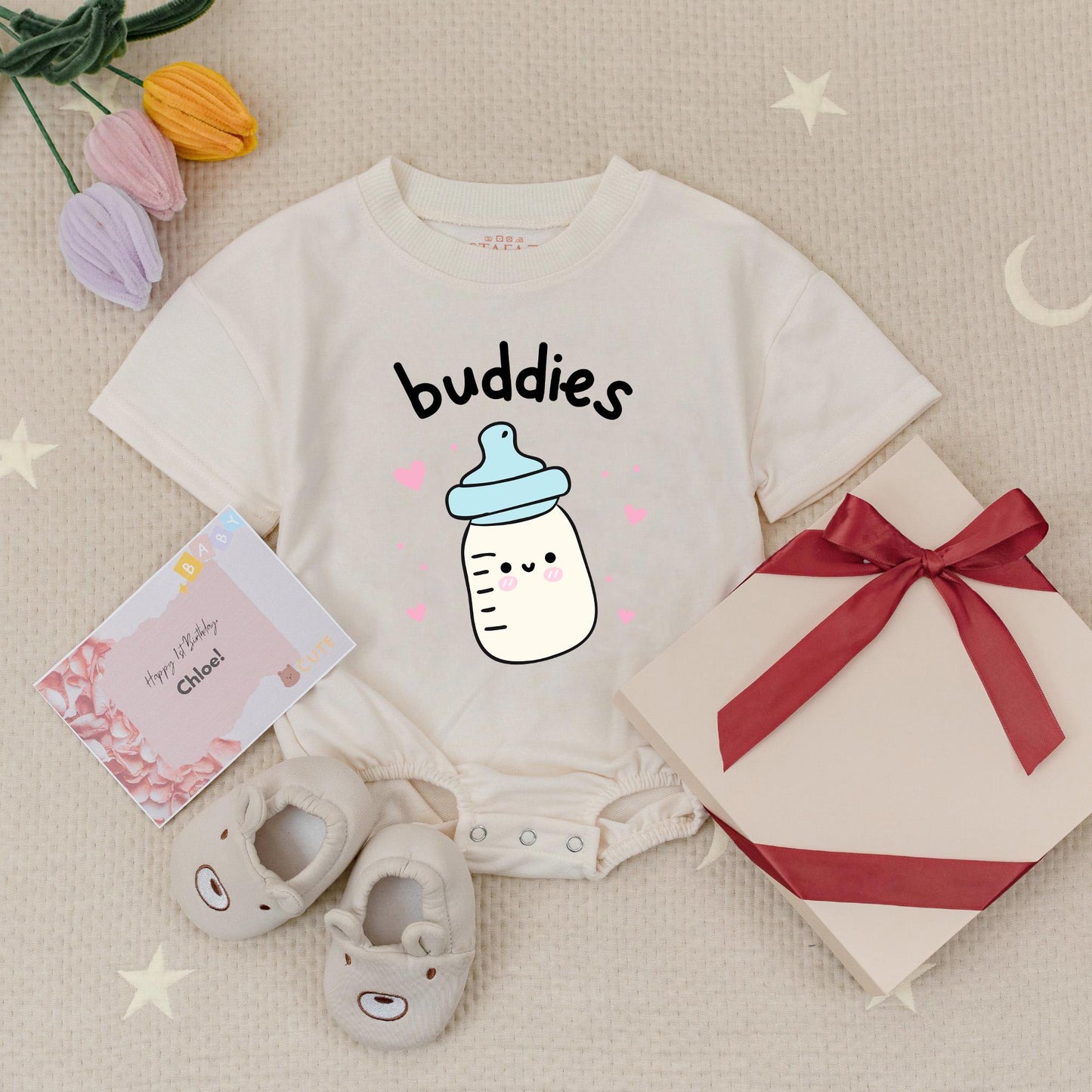 Matching Drinking Buddies Twin Bubble Romper Set Baby Boy & Girl Outfits Best Friends Twins Gift Bodysuit