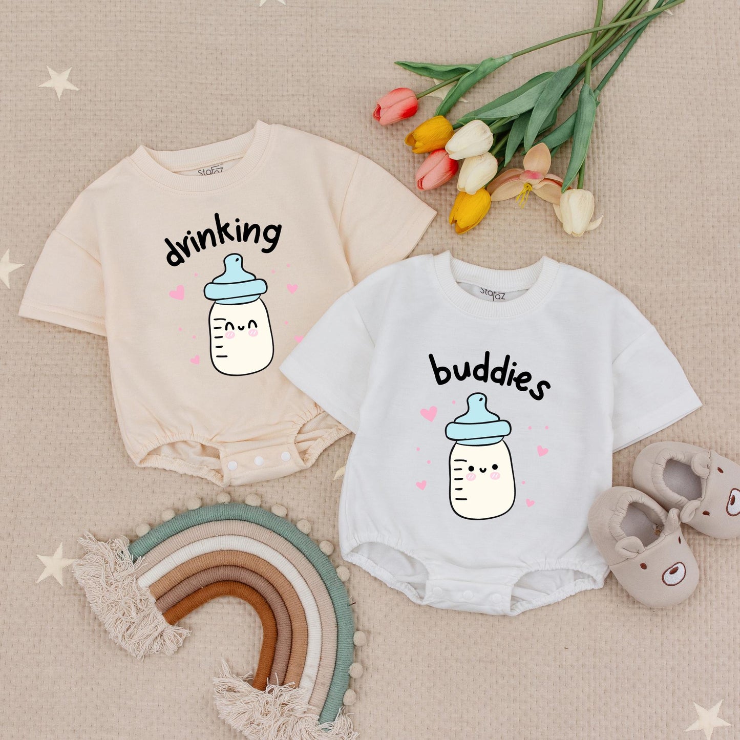 Matching Drinking Buddies Twin Bubble Romper Set Baby Boy & Girl Outfits Best Friends Twins Gift Bodysuit