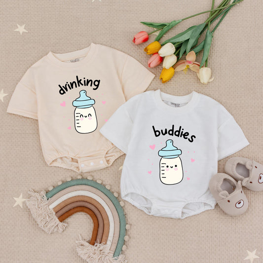 Matching Drinking Buddies Twin Bubble Romper Set Baby Boy & Girl Outfits Best Friends Twins Gift Bodysuit