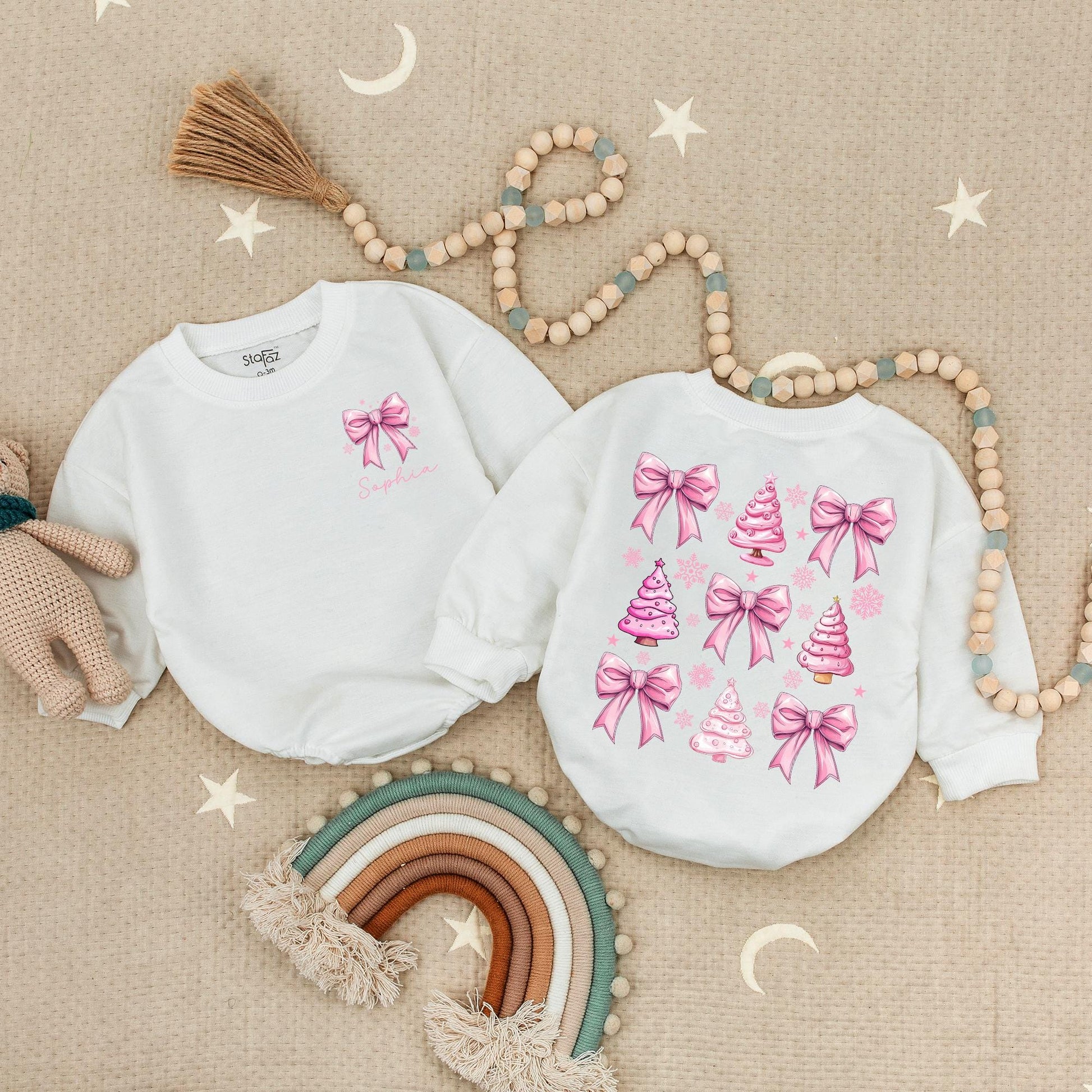 Custom Sophia Pink Bow Snowflake Christmas Romper Baby Girl Clothes, Xmas Holiday Outfit, First Christmas Bubble, Personalized
