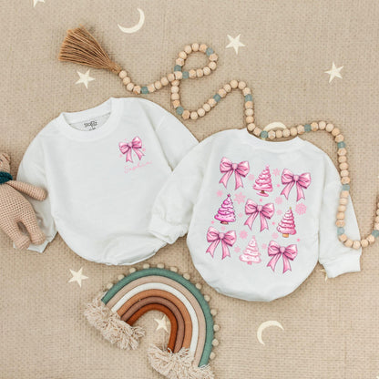 Custom Sophia Pink Bow Snowflake Christmas Romper Baby Girl Clothes, Xmas Holiday Outfit, First Christmas Bubble, Personalized