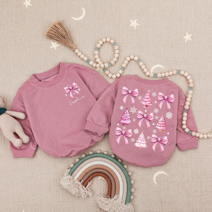 Custom Sophia Pink Bow Snowflake Christmas Romper Baby Girl Clothes, Xmas Holiday Outfit, First Christmas Bubble, Personalized