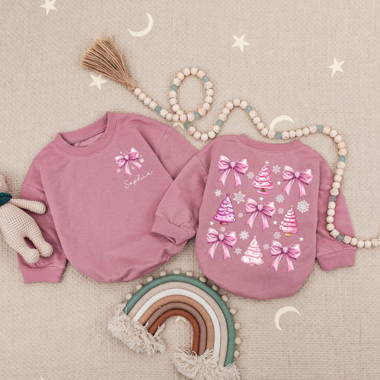 Custom Sophia Pink Bow Snowflake Christmas Romper Baby Girl Clothes, Xmas Holiday Outfit, First Christmas Bubble, Personalized