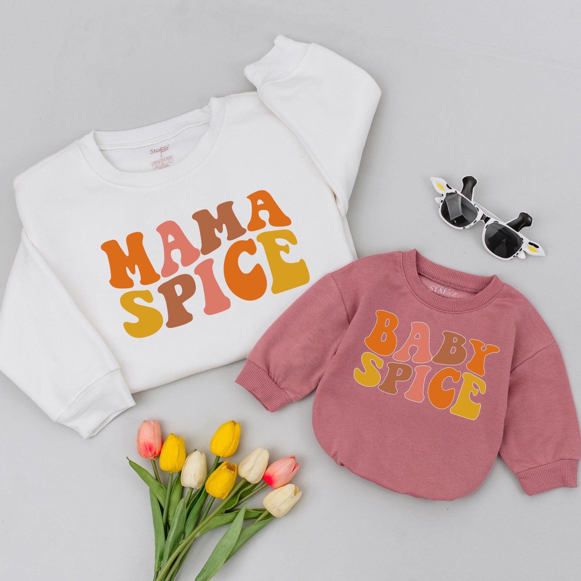 Mama Spice & Baby Spice Retro Shirts Mommy and Me Thanksgiving Fall Outfit Orange Gradient Design for Baby Girl, Toddler, Mom, Matching Family