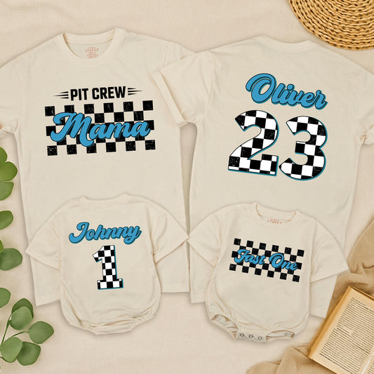 Fast One Pit Crew Birthday Boy Shirt, Race Car Theme Tee, First Birthday Family Party Outfit, Checkered Flag Fast 1 Racing Tee for Boys & Girls 139