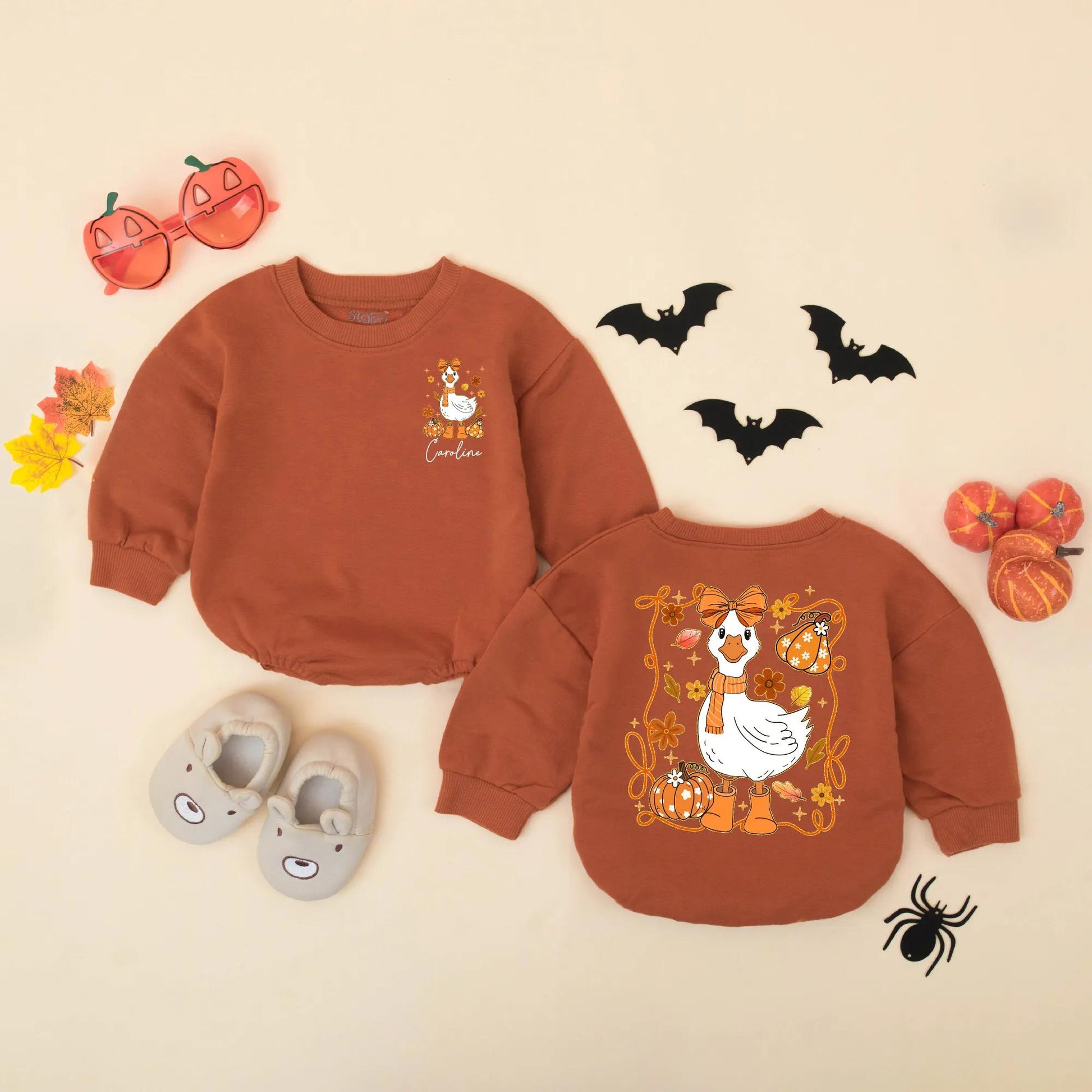 Personalized Caroline Fall Goose Baby Romper Cute Autumn Girly Bodysuit with Pumpkins Leaves Flowers Funny Thanksgiving Baby Clothes Gift