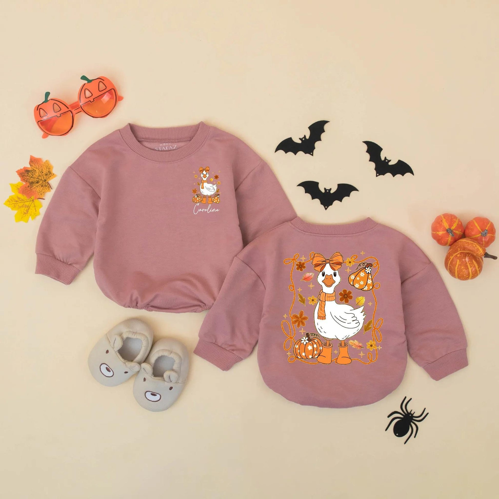 Personalized Caroline Fall Goose Baby Romper Cute Autumn Girly Bodysuit with Pumpkins Leaves Flowers Funny Thanksgiving Baby Clothes Gift