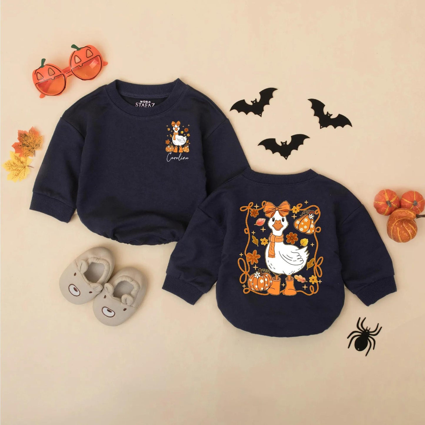 Personalized Caroline Fall Goose Baby Romper Cute Autumn Girly Bodysuit with Pumpkins Leaves Flowers Funny Thanksgiving Baby Clothes Gift