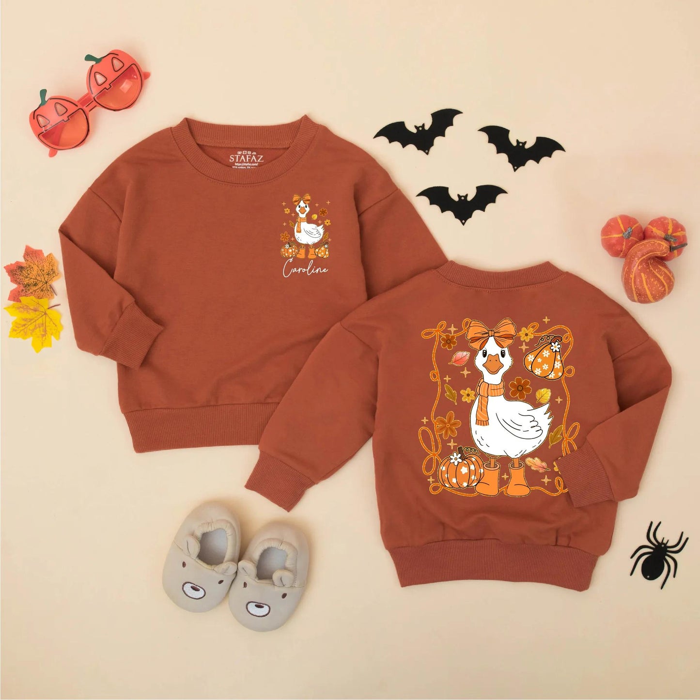 Personalized Caroline Fall Goose Baby Romper Cute Autumn Girly Bodysuit with Pumpkins Leaves Flowers Funny Thanksgiving Baby Clothes Gift