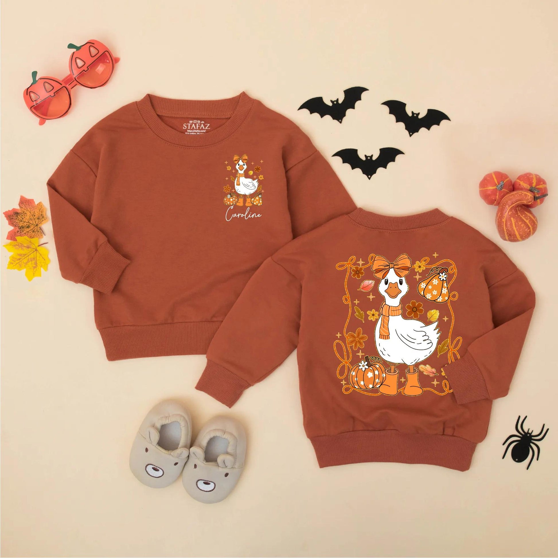 Personalized Caroline Fall Goose Baby Romper Cute Autumn Girly Bodysuit with Pumpkins Leaves Flowers Funny Thanksgiving Baby Clothes Gift