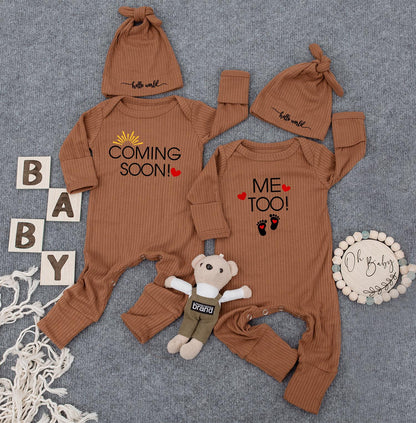 Twin Coming Soon Me Too Baby Outfit Gender Neutral Natural Ribbed Romper Set Funny Twin Pregnancy Announcement Baby Shower Gift