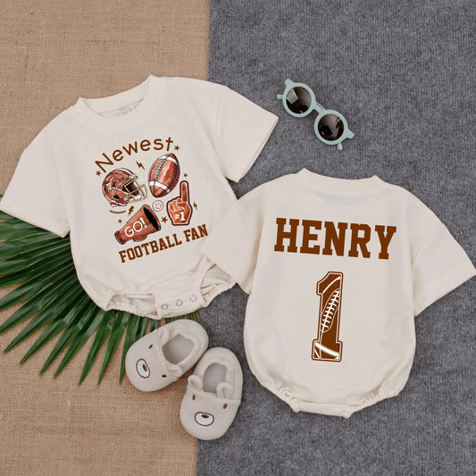 Personalized Newest Football Fan Baby Romper, Custom HENRY Number 1 Bodysuit, First Birthday Game Day Outfit, Football Baby Gift, Soft Cotton 138
