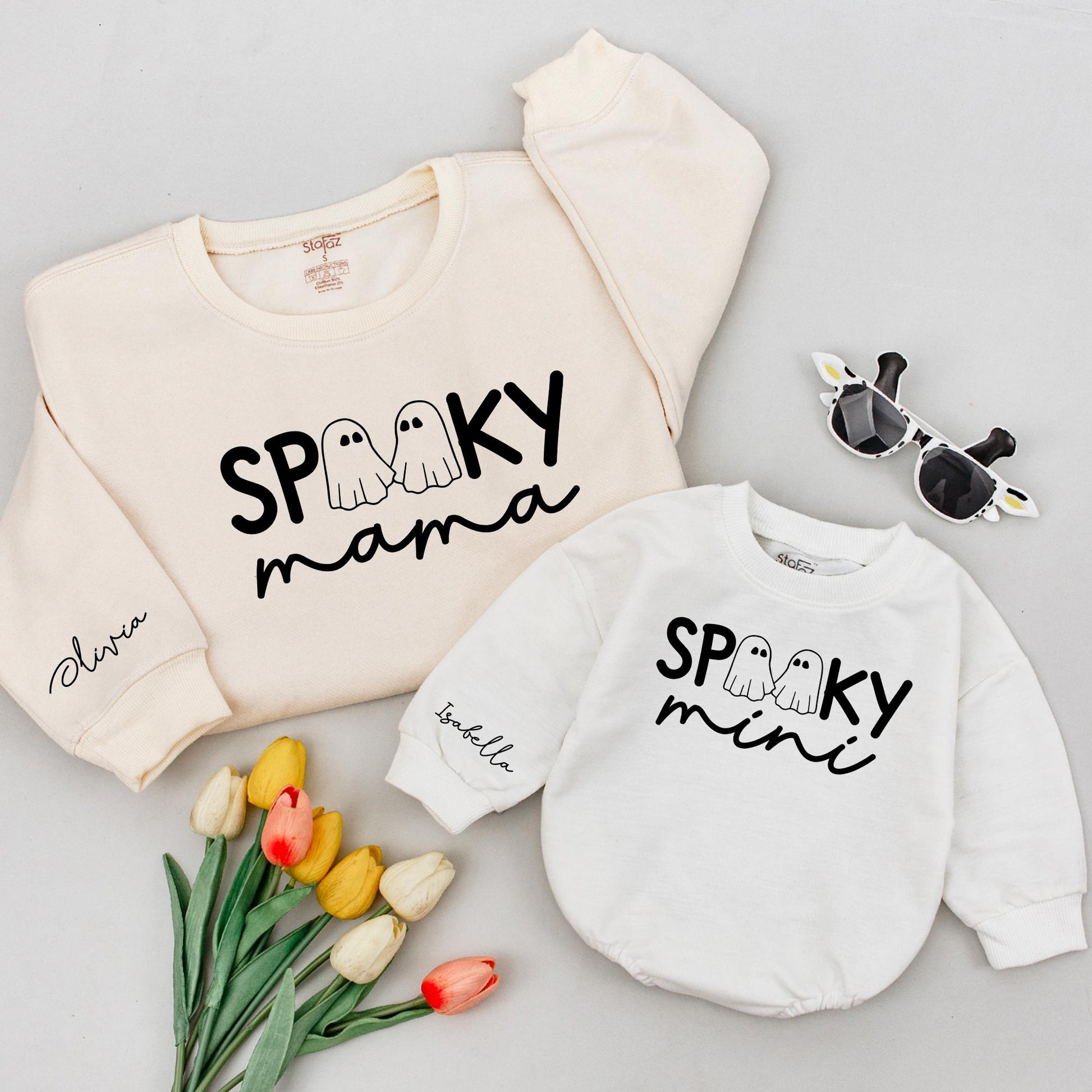 Spooky Mama & Mini Halloween Shirts: Matching Ghost Family Outfits, Personalized Sleeve Names, Cute Mommy and Me Tops, Comfy Spooky Season Style (139)