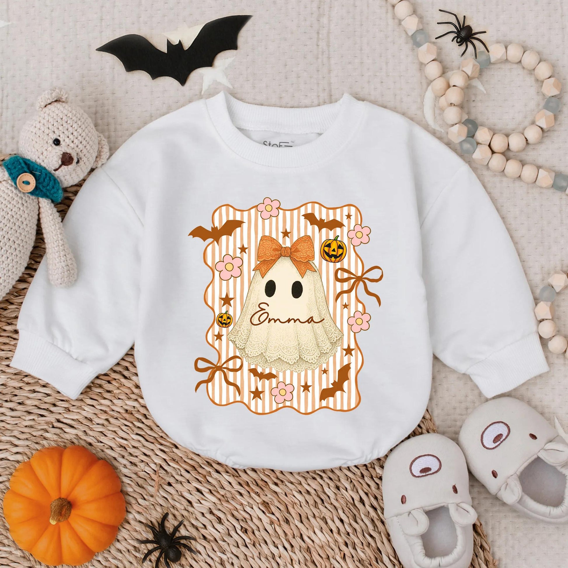 Custom Lace Halloween Ghost Romper for Baby Girl Vintage Spooky Cute Infant Bodysuit with Name Emma