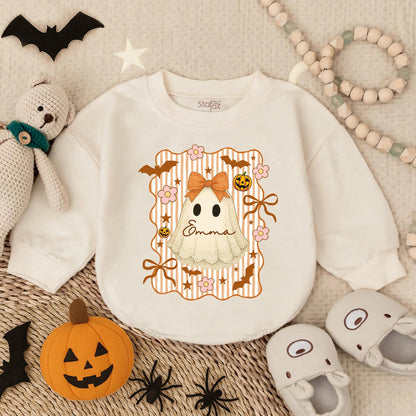 Custom Lace Halloween Ghost Romper for Baby Girl Vintage Spooky Cute Infant Bodysuit with Name Emma