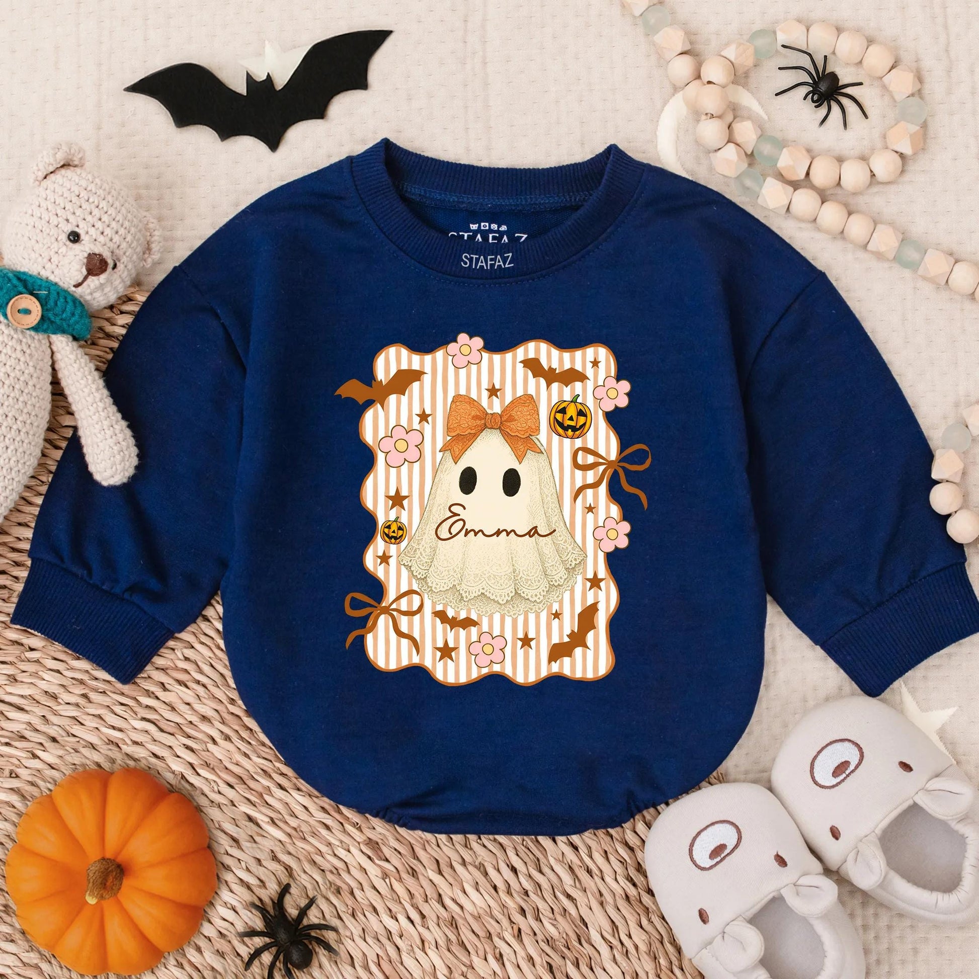 Custom Lace Halloween Ghost Romper for Baby Girl Vintage Spooky Cute Infant Bodysuit with Name Emma