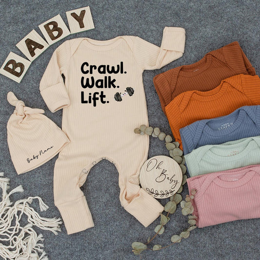 Crawl Walk Lift Gym Baby Romper, Funny Workout Bodysuit, Long Sleeve Fitness Newborn Outfit, Cute Gym Gift for Baby Athlete 130-140 chars
