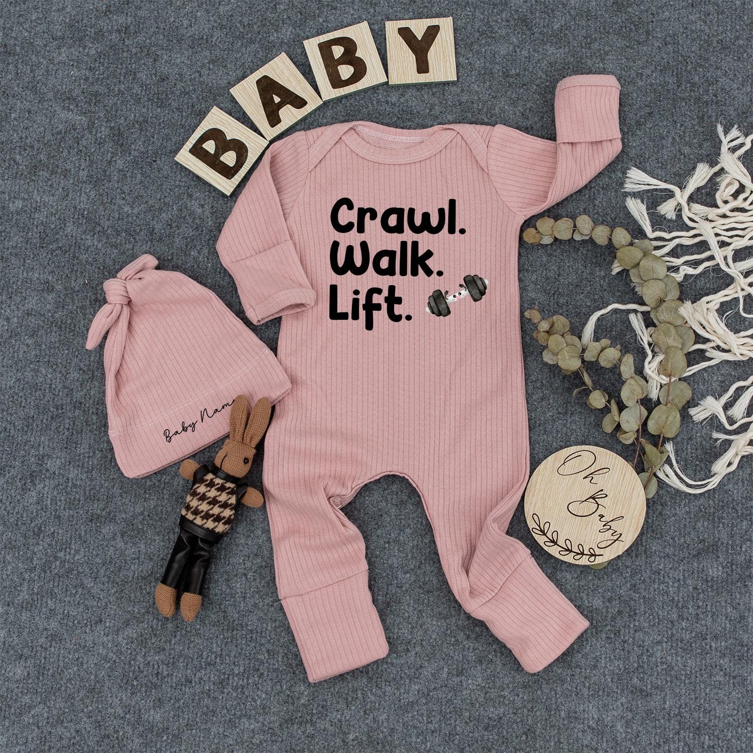Crawl Walk Lift Gym Baby Romper, Funny Workout Bodysuit, Long Sleeve Fitness Newborn Outfit, Cute Gym Gift for Baby Athlete 130-140 chars
