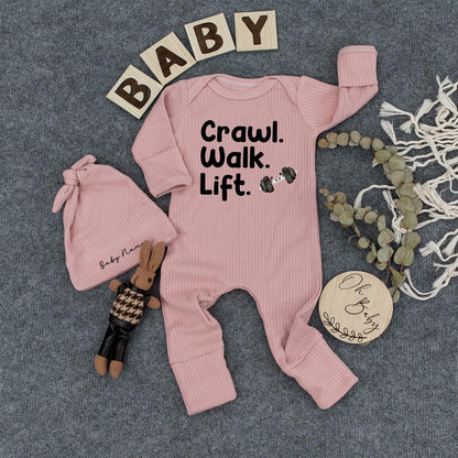 Crawl Walk Lift Gym Baby Romper, Funny Workout Bodysuit, Long Sleeve Fitness Newborn Outfit, Cute Gym Gift for Baby Athlete 130-140 chars