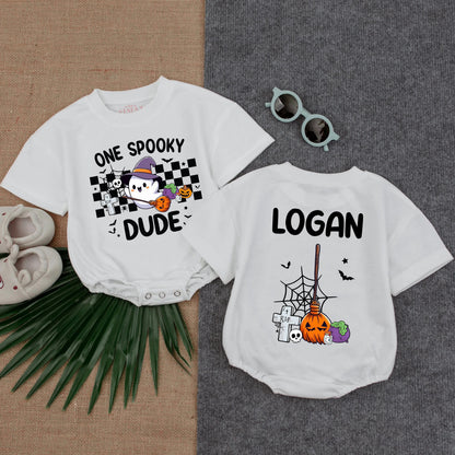 One Spooky Dude Halloween Romper for Baby & Toddler Cute Ghost Witch Hat Pumpkin Cauldron Bat Spider Stars Black Orange Purple White Birthday Gift