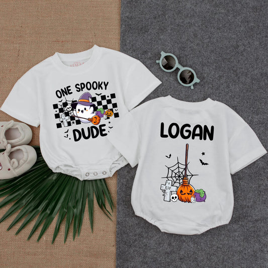 One Spooky Dude Halloween Romper for Baby & Toddler Cute Ghost Witch Hat Pumpkin Cauldron Bat Spider Stars Black Orange Purple White Birthday Gift
