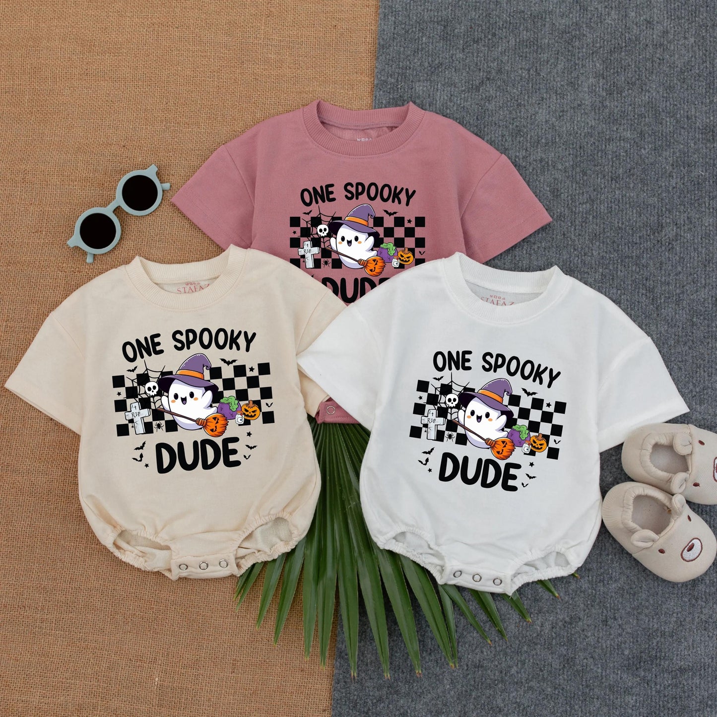One Spooky Dude Halloween Romper for Baby & Toddler Cute Ghost Witch Hat Pumpkin Cauldron Bat Spider Stars Black Orange Purple White Birthday Gift