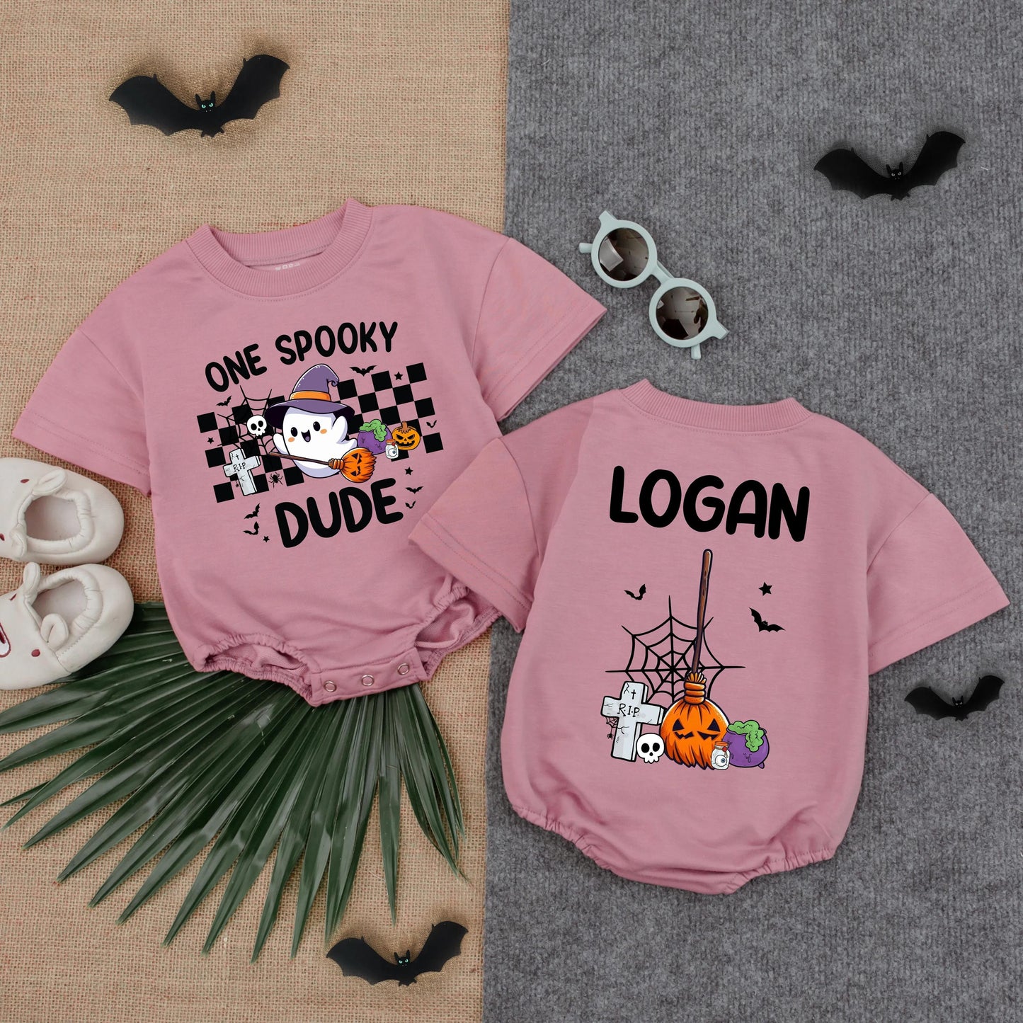 One Spooky Dude Halloween Romper for Baby & Toddler Cute Ghost Witch Hat Pumpkin Cauldron Bat Spider Stars Black Orange Purple White Birthday Gift