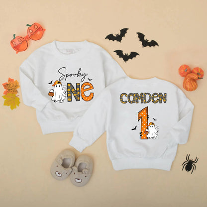 Spooky One Birthday Romper: Personalized Halloween Outfit for Baby Boy, Ghost with Pumpkin, Fall Party Clothes, Cute 1st Birthday Gift, Custom Name Outfit (139 chars)