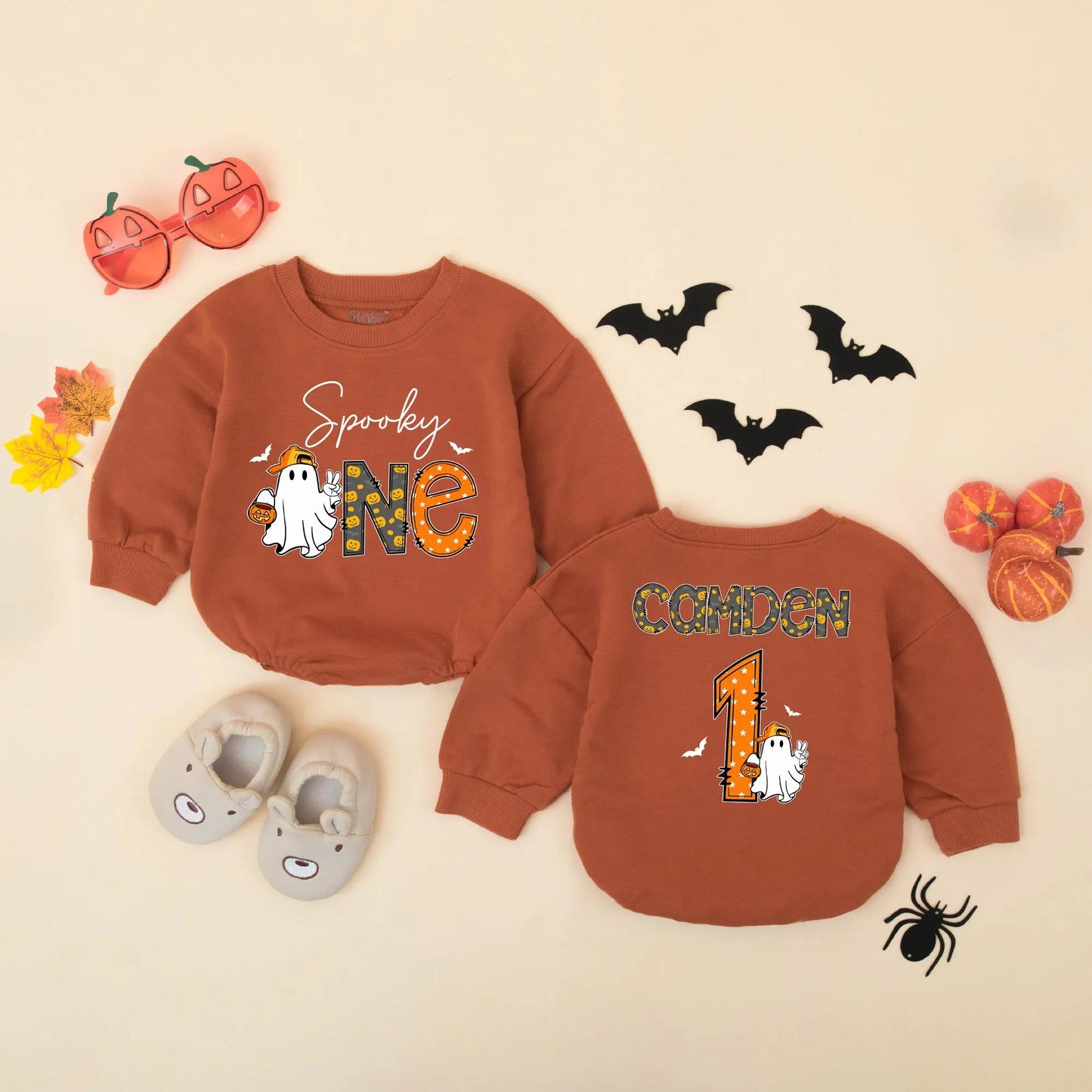 Spooky One Birthday Romper: Personalized Halloween Outfit for Baby Boy, Ghost with Pumpkin, Fall Party Clothes, Cute 1st Birthday Gift, Custom Name Outfit (139 chars)
