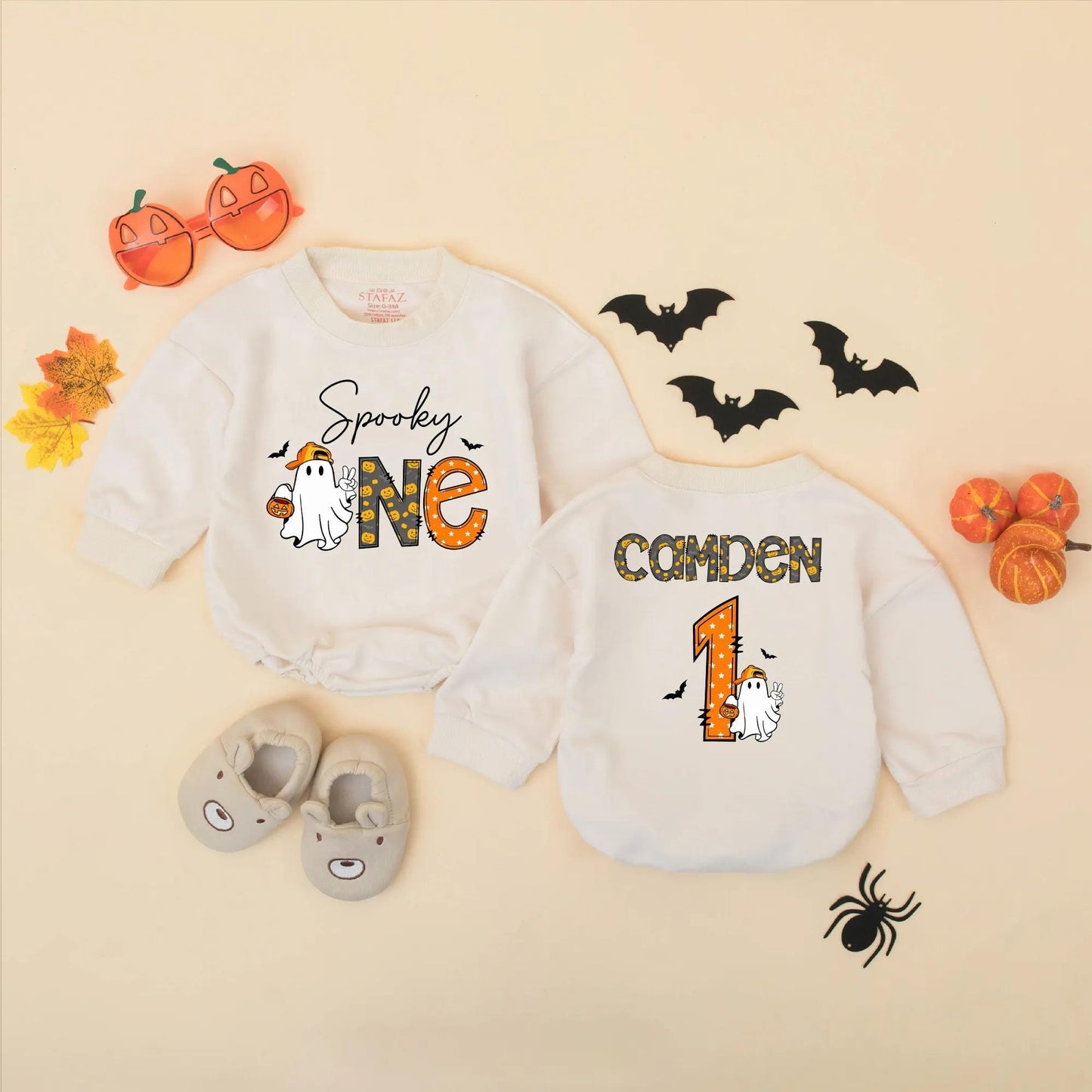 Spooky One Birthday Romper: Personalized Halloween Outfit for Baby Boy, Ghost with Pumpkin, Fall Party Clothes, Cute 1st Birthday Gift, Custom Name Outfit (139 chars)
