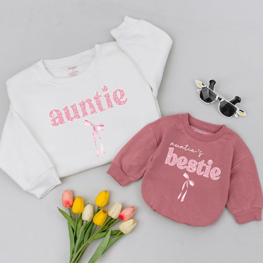 Matching Auntie & Auntie's Bestie Outfits: Pink Floral Bow Baby Announcement Sweatshirt, Shirts, Adorable Aunt Niece Set, Feminine Cotton Comfort (139 chars)