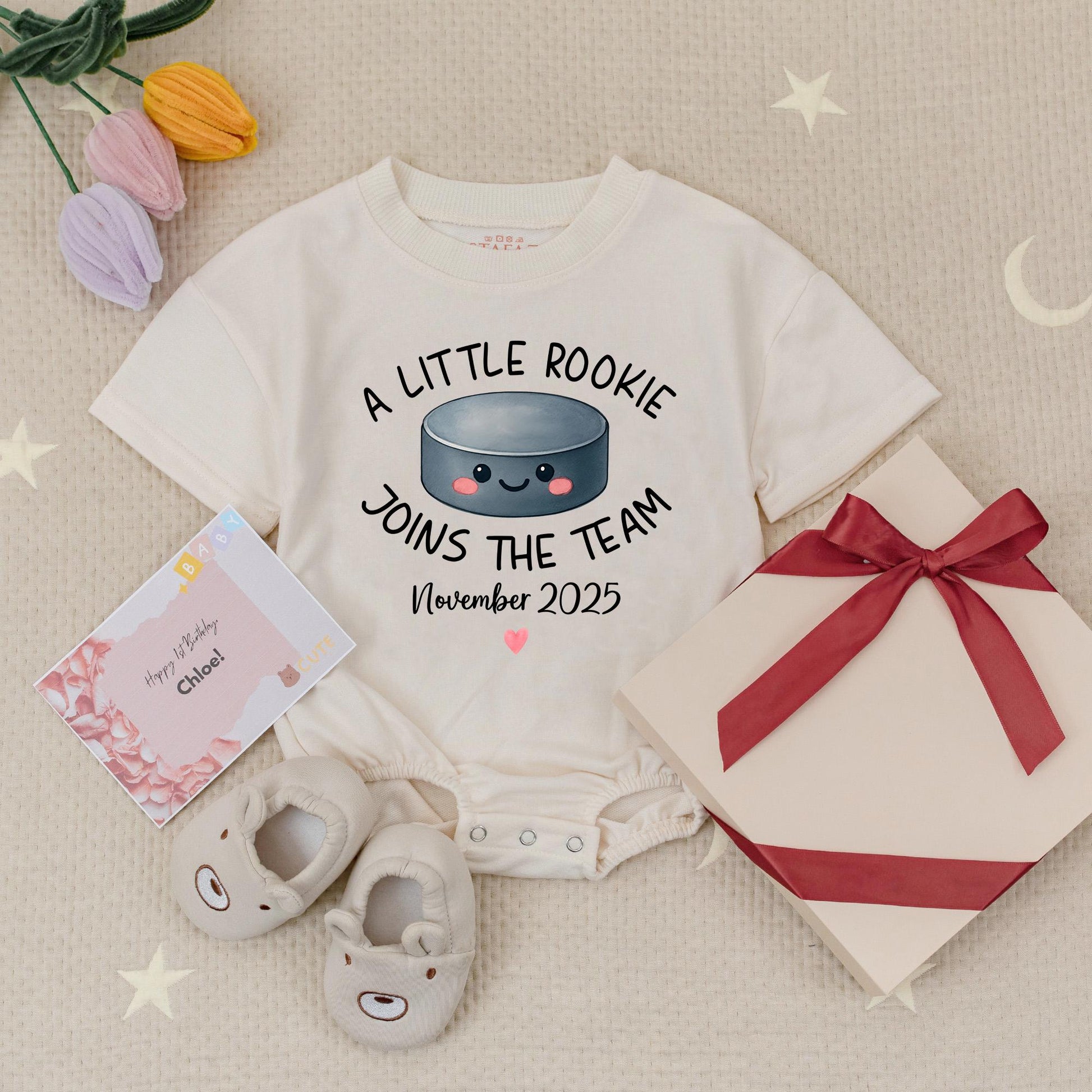 Custom A Little Rookie Joins The Team Hockey Baby Announcement Romper, Baby Reveal Outfit, Hockey Fan Gift, November 2025