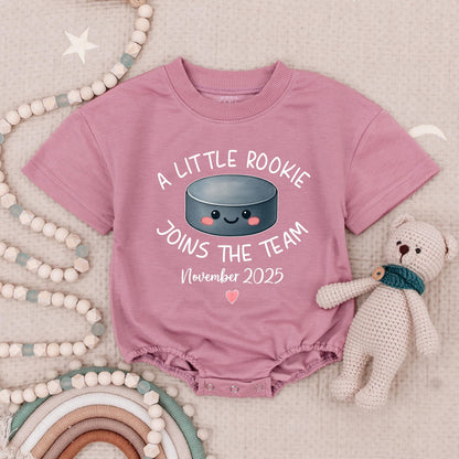 Custom A Little Rookie Joins The Team Hockey Baby Announcement Romper, Baby Reveal Outfit, Hockey Fan Gift, November 2025