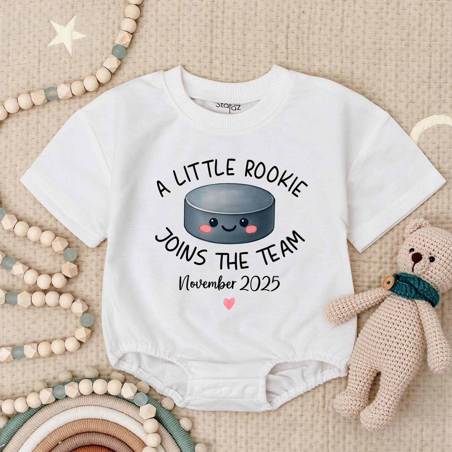Custom A Little Rookie Joins The Team Hockey Baby Announcement Romper, Baby Reveal Outfit, Hockey Fan Gift, November 2025