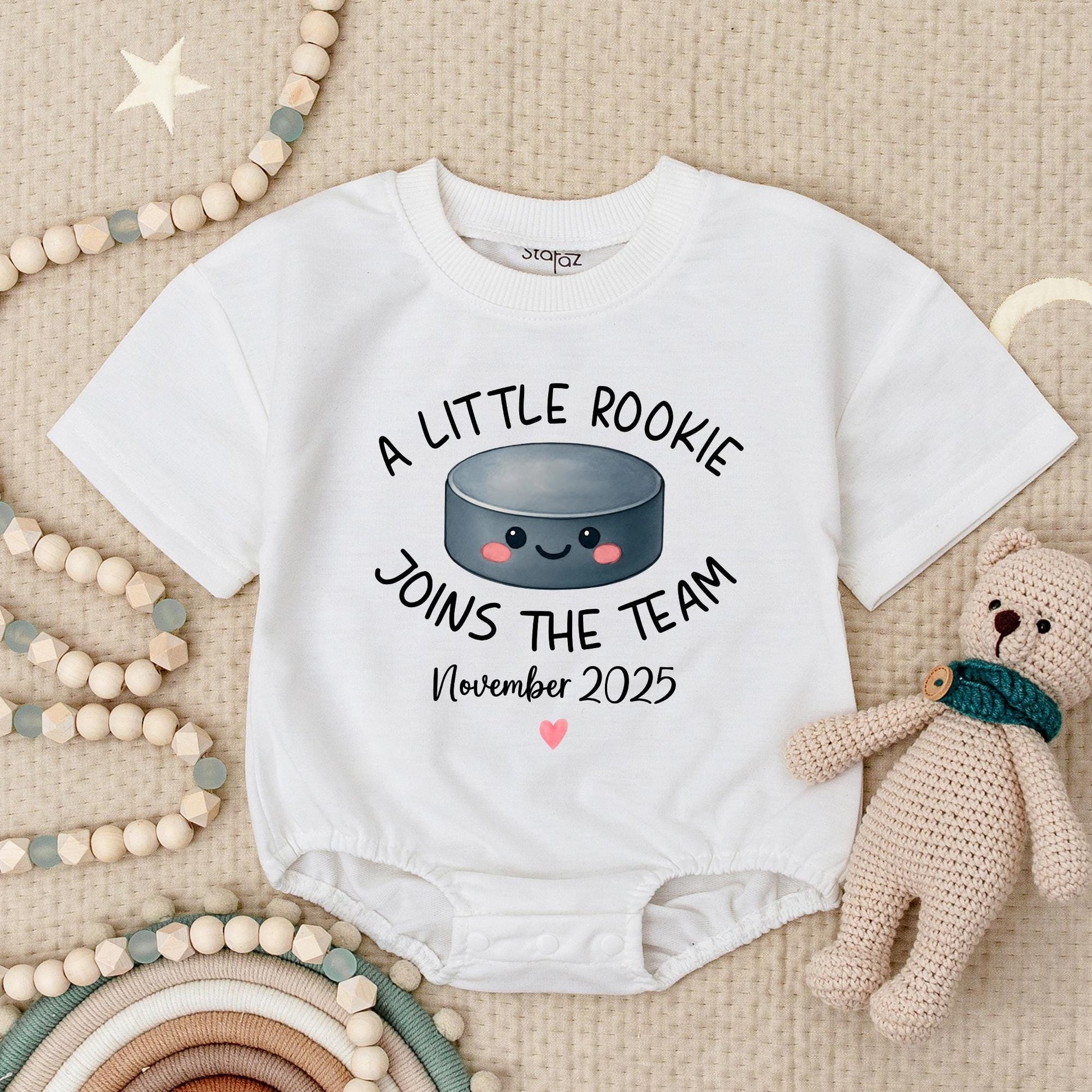 Custom A Little Rookie Joins The Team Hockey Baby Announcement Romper, Baby Reveal Outfit, Hockey Fan Gift, November 2025