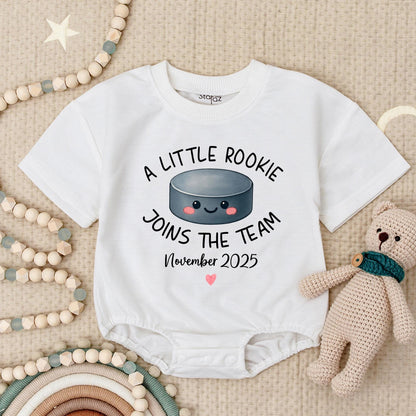 Custom A Little Rookie Joins The Team Hockey Baby Announcement Romper, Baby Reveal Outfit, Hockey Fan Gift, November 2025