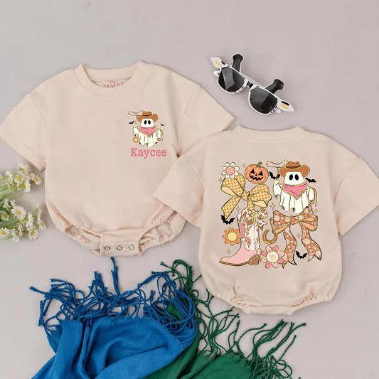 Retro Western Ghost Halloween Romper Baby Personalized Spooky Season Cowboy Boot Design Muted Peach Tan Gold Baby Shower Gift
