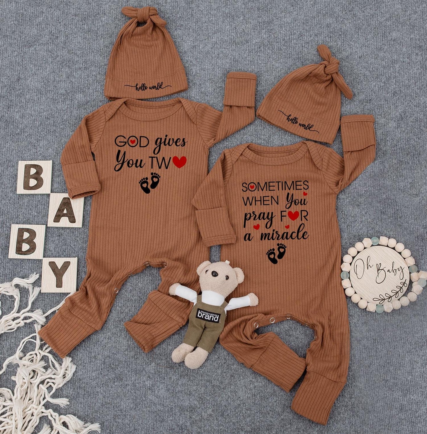 Twin Baby Rompers GOD Gives You TW❤️ Miracle Footprints Outfit Newborn Matching Long Sleeve Bodysuits Baby Shower Gift Set