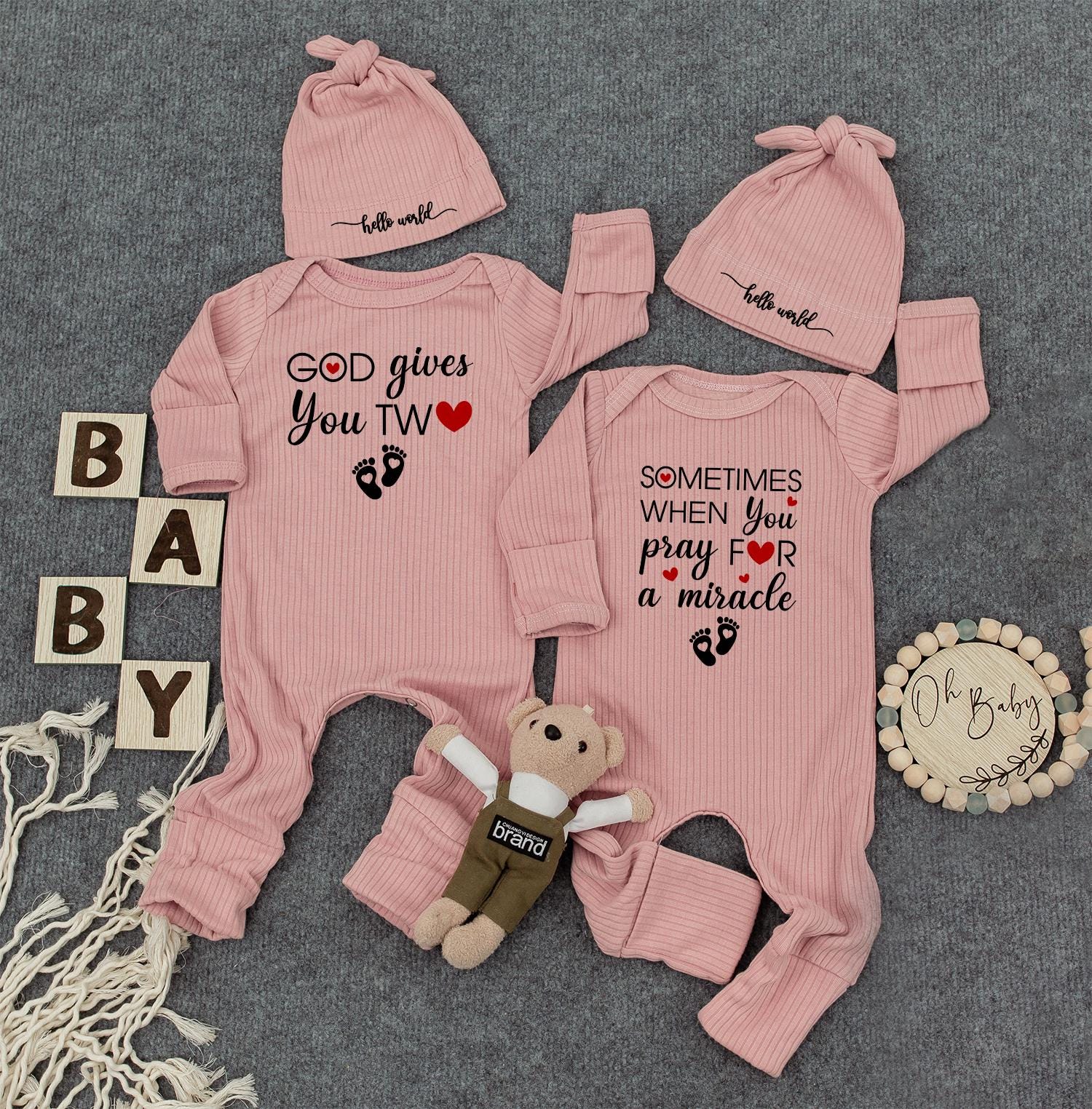 Twin Baby Rompers GOD Gives You TW❤️ Miracle Footprints Outfit Newborn Matching Long Sleeve Bodysuits Baby Shower Gift Set