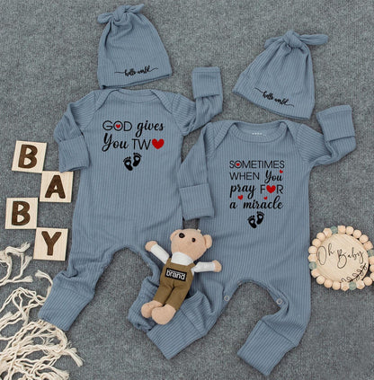 Twin Baby Rompers GOD Gives You TW❤️ Miracle Footprints Outfit Newborn Matching Long Sleeve Bodysuits Baby Shower Gift Set