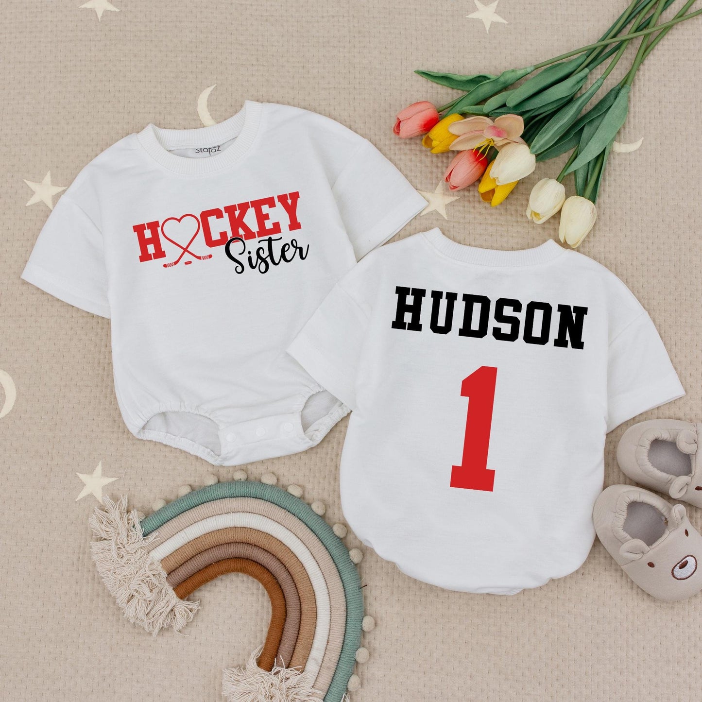Custom Hockey Sister Romper Red Heart Hockey Sticks Little Sis Baby Girl Outfit Personalized Hudson Name 1
