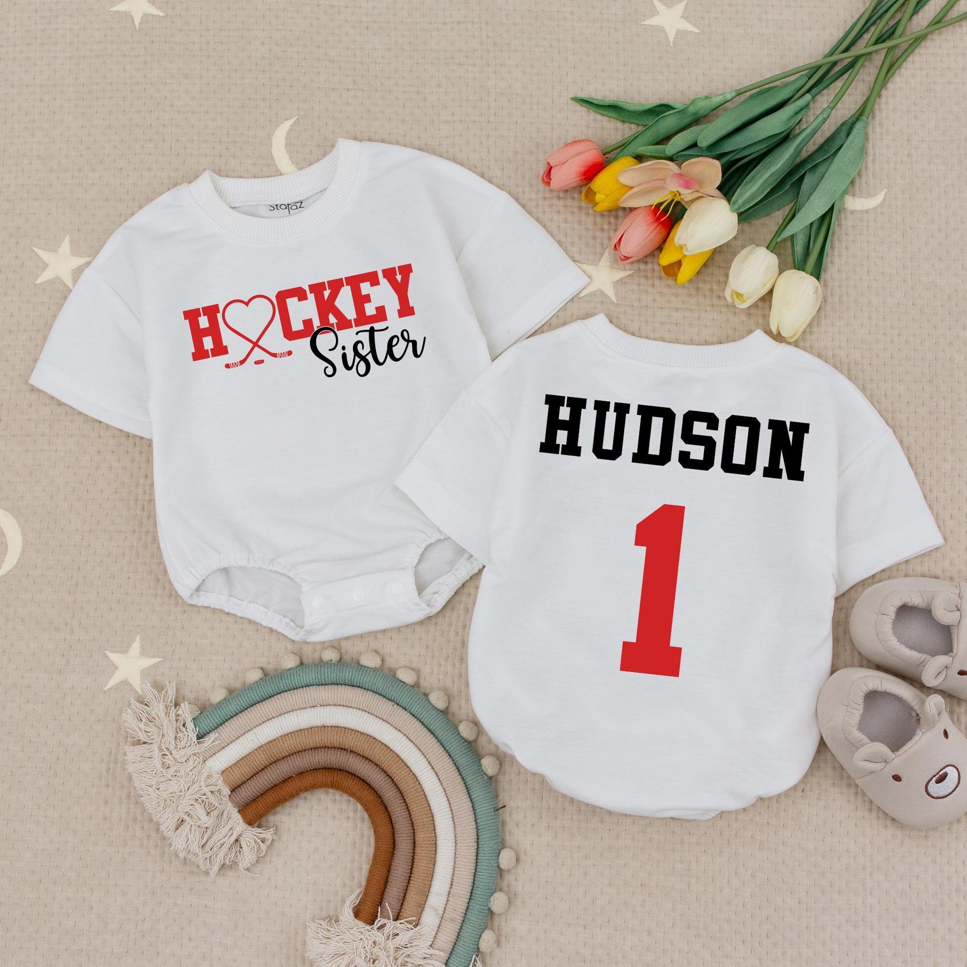 Custom Hockey Sister Romper Red Heart Hockey Sticks Little Sis Baby Girl Outfit Personalized Hudson Name 1