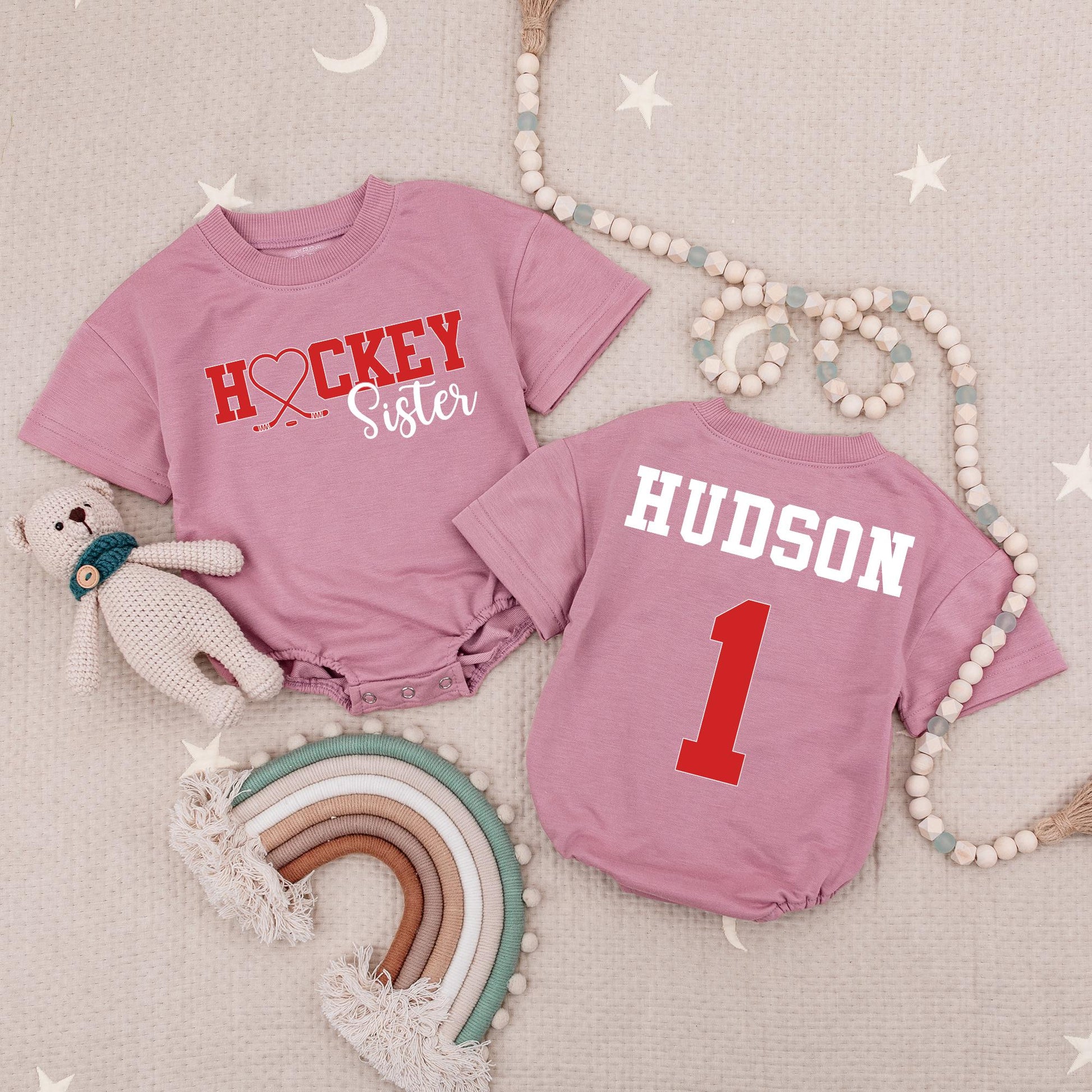 Custom Hockey Sister Romper Red Heart Hockey Sticks Little Sis Baby Girl Outfit Personalized Hudson Name 1