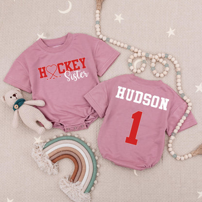 Custom Hockey Sister Romper Red Heart Hockey Sticks Little Sis Baby Girl Outfit Personalized Hudson Name 1